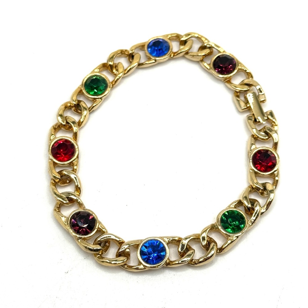 Vintage Multicolor Rainbow Crystal Rhinestone Chain Gold Tone Bracelet 6.5"